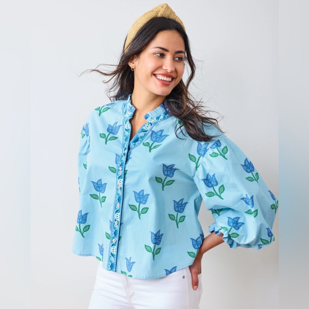 NWT PRINTFRESH Rosalita Blouse Tulip Bloom Blue Peasant Top S